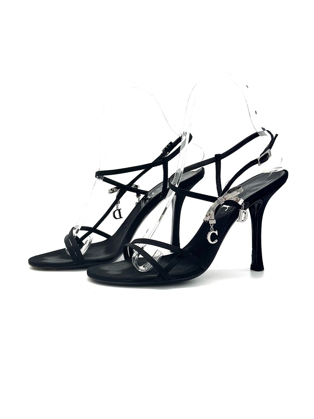 Dior John Galliano Vintage CD Bow Charm Black Satin Ankle Strap Sandals 36.5